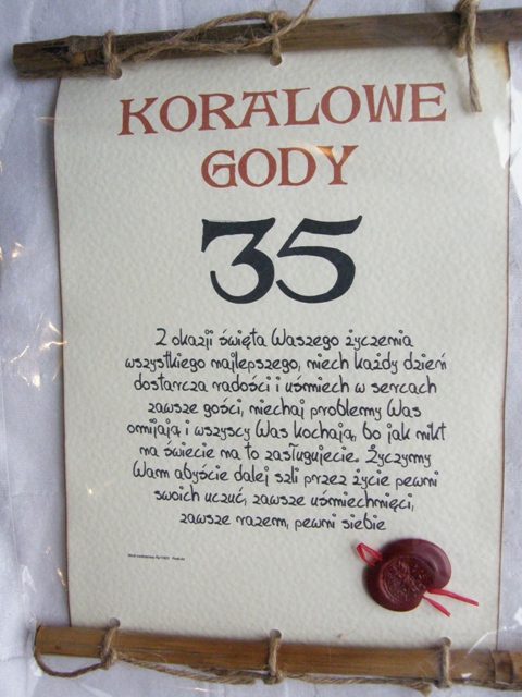 dyplom KORALOWE GODY NA 35 ROCZNICĘ ŚLUBU